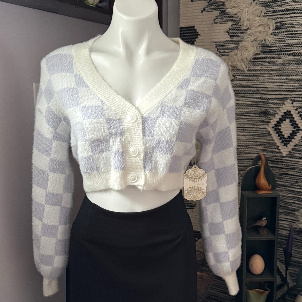 Altar'd State Cream and Purple Checkered Cropped Cardigan - Picture 3 of 13